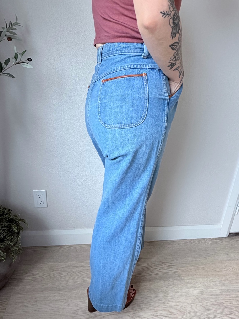 Vintage 70s Sears Fashions Leather Trim Wide Leg Jeans 16 Boho Western